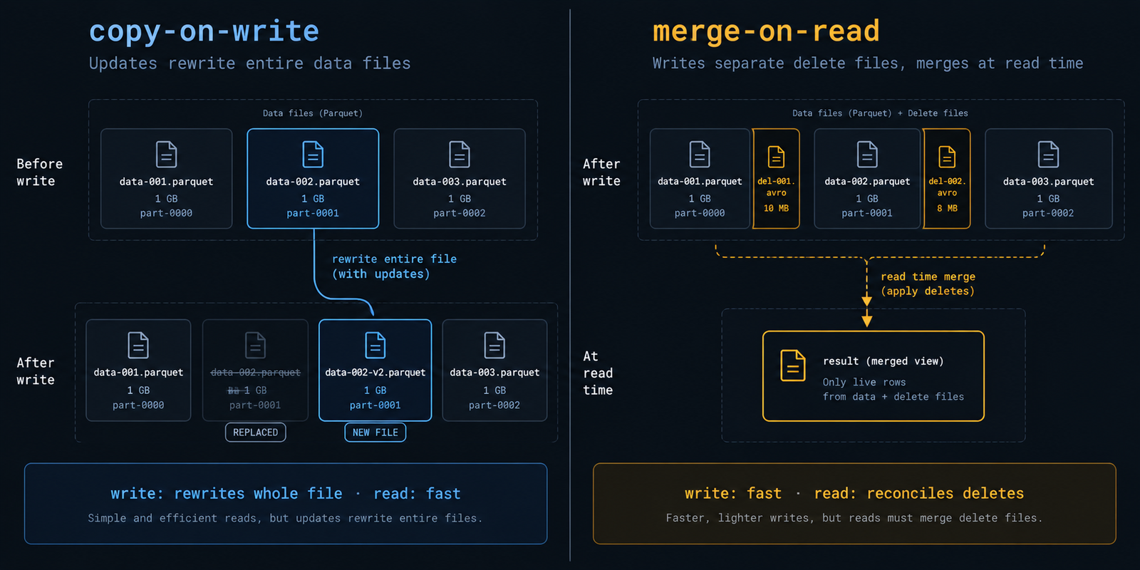 Diagram comparing Apache Iceberg copy-on-write, where data files are rewritten on update, against merge-on-read, where small delete files are written alongside unchanged data files and applied at query time