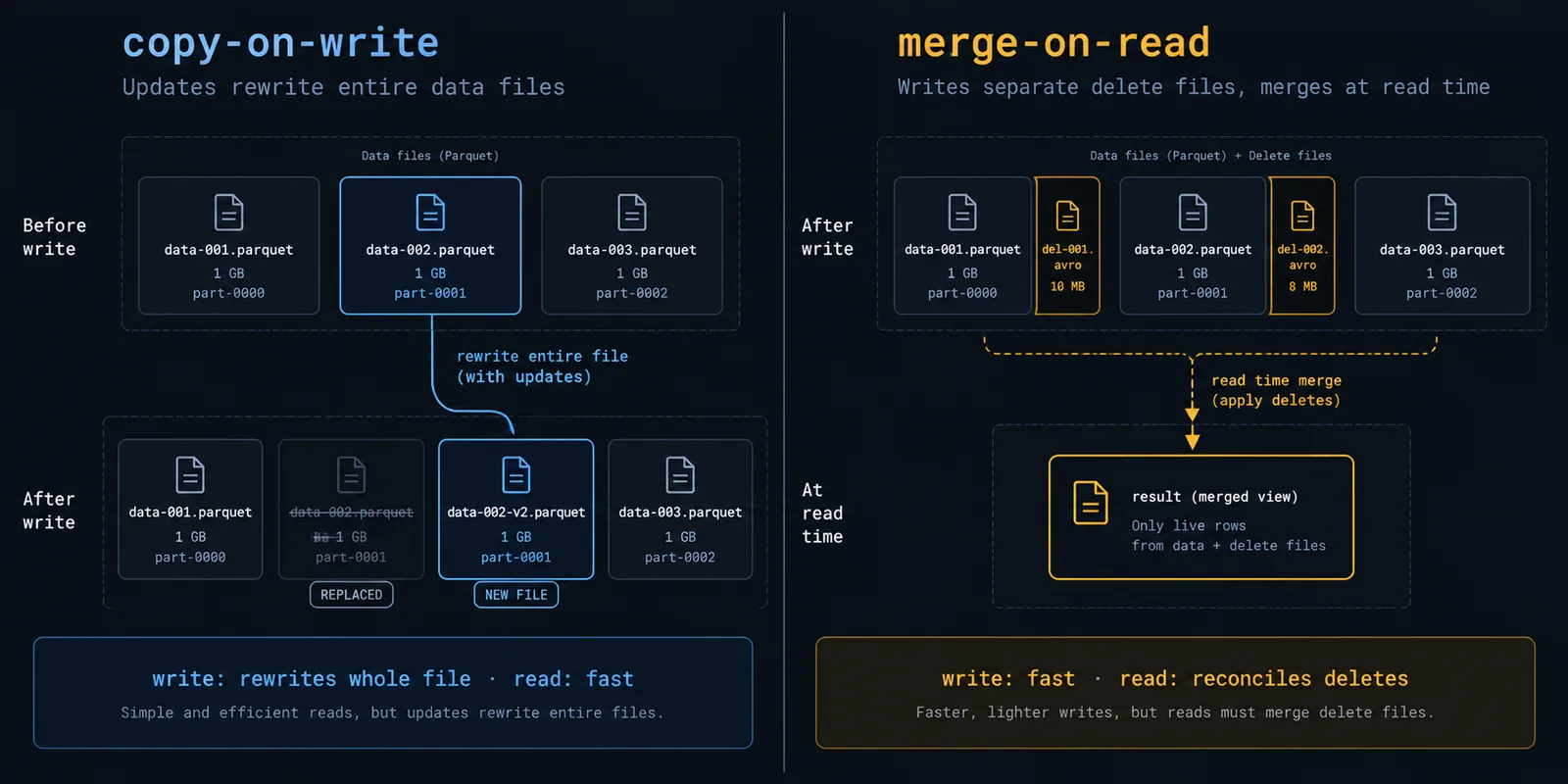 Diagram comparing Apache Iceberg copy-on-write, where data files are rewritten on update, against merge-on-read, where small delete files are written alongside unchanged data files and applied at query time