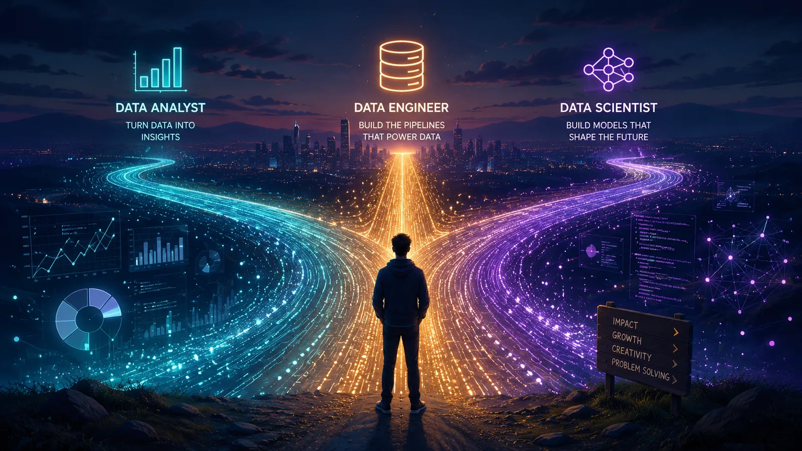 Illustration of a person standing at a forked path made of glowing data lines, representing different data career directions