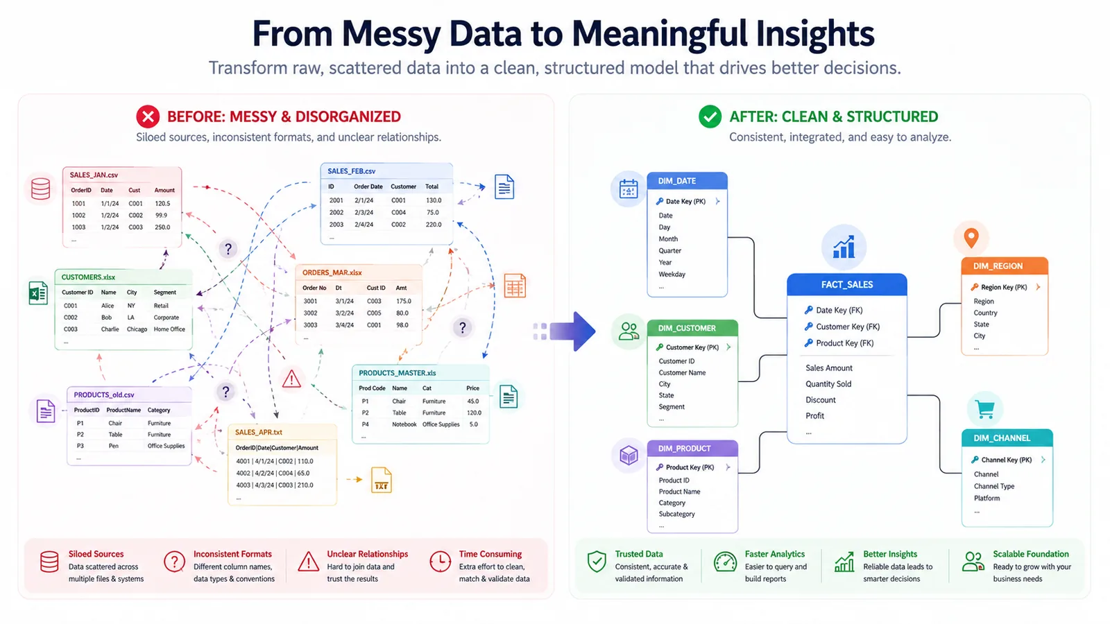 Before-and-after graphic showing messy raw data transformed into a clean, structured data model