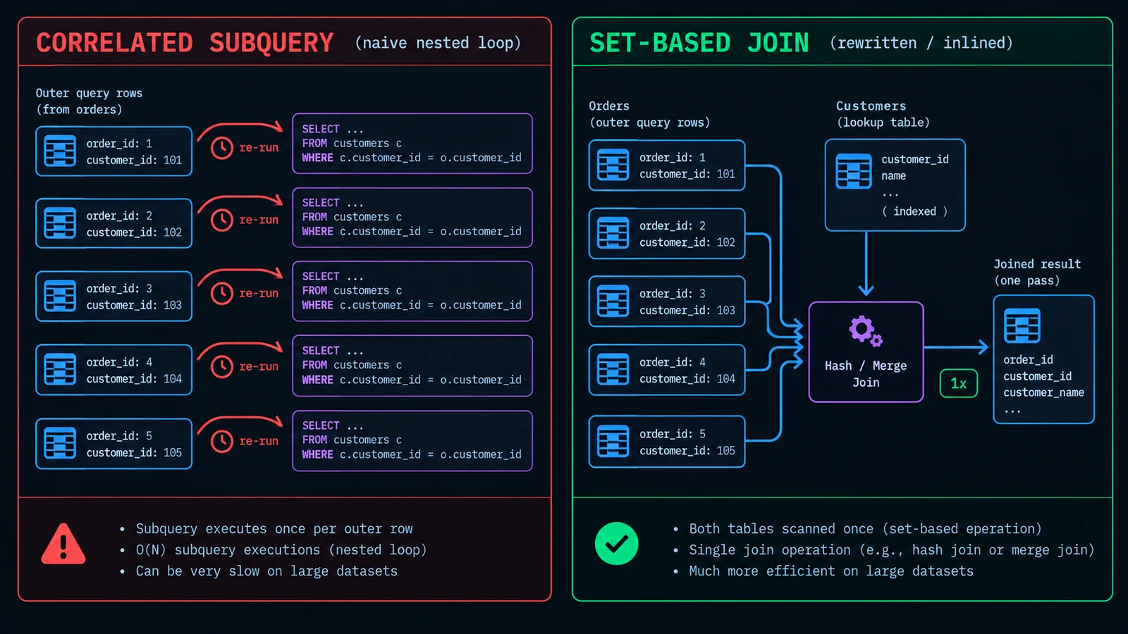 Diagram contrasting a correlated subquery's row-by-row re-execution against a single-pass set-based join after optimizer rewrite