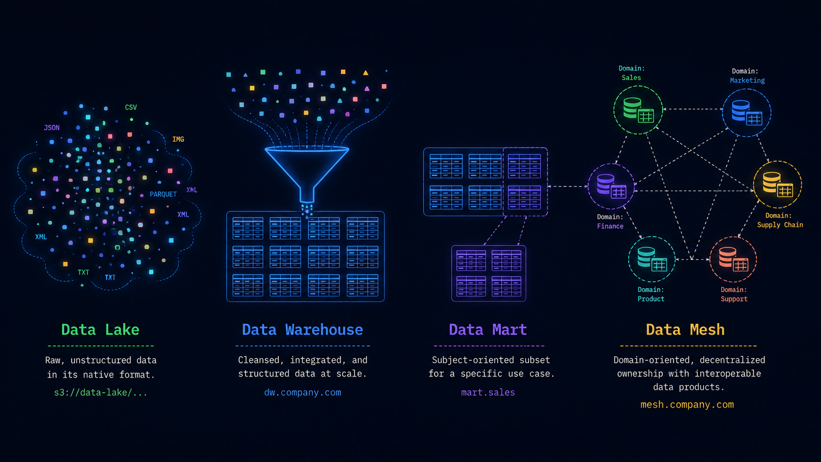 Illustration comparing a data lake, data warehouse, data mart, and data mesh as four distinct architectural shapes
