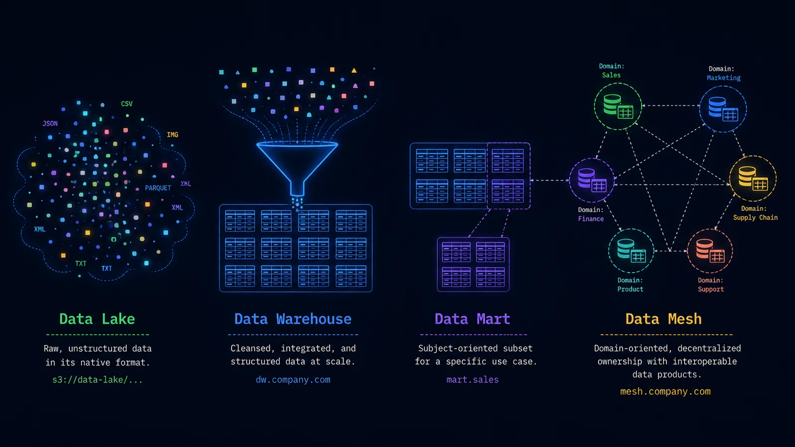 Illustration comparing a data lake, data warehouse, data mart, and data mesh as four distinct architectural shapes