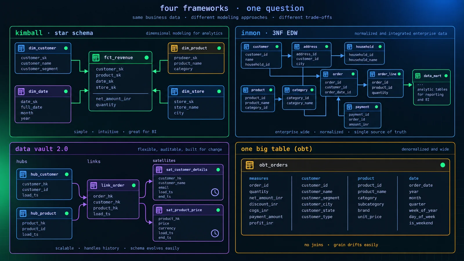 Side-by-side comparison of four data modeling frameworks — Kimball star schema, Inmon 3NF corporate information factory, Data Vault hub-link-satellite structure, and one big table (OBT)