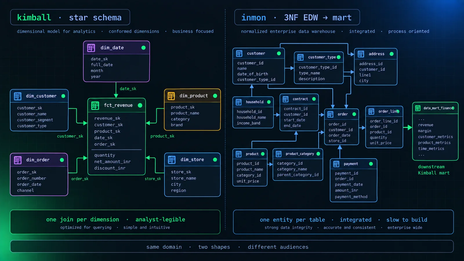 Side-by-side diagram comparing a Kimball star schema, with one wide fact_revenue table surrounded by five conformed dimensions, against an Inmon 3NF enterprise data warehouse, with many normalized entity tables in a spider web of foreign keys, feeding a downstream Kimball-shaped data mart