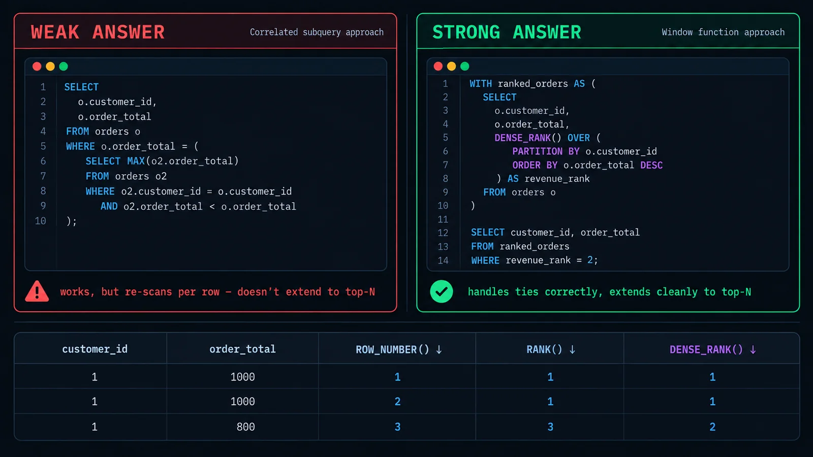 Side-by-side comparison of a weak correlated-subquery answer versus a strong DENSE_RANK window-function answer for finding the second-highest value per group, with a table showing how ROW_NUMBER, RANK, and DENSE_RANK handle tied values differently