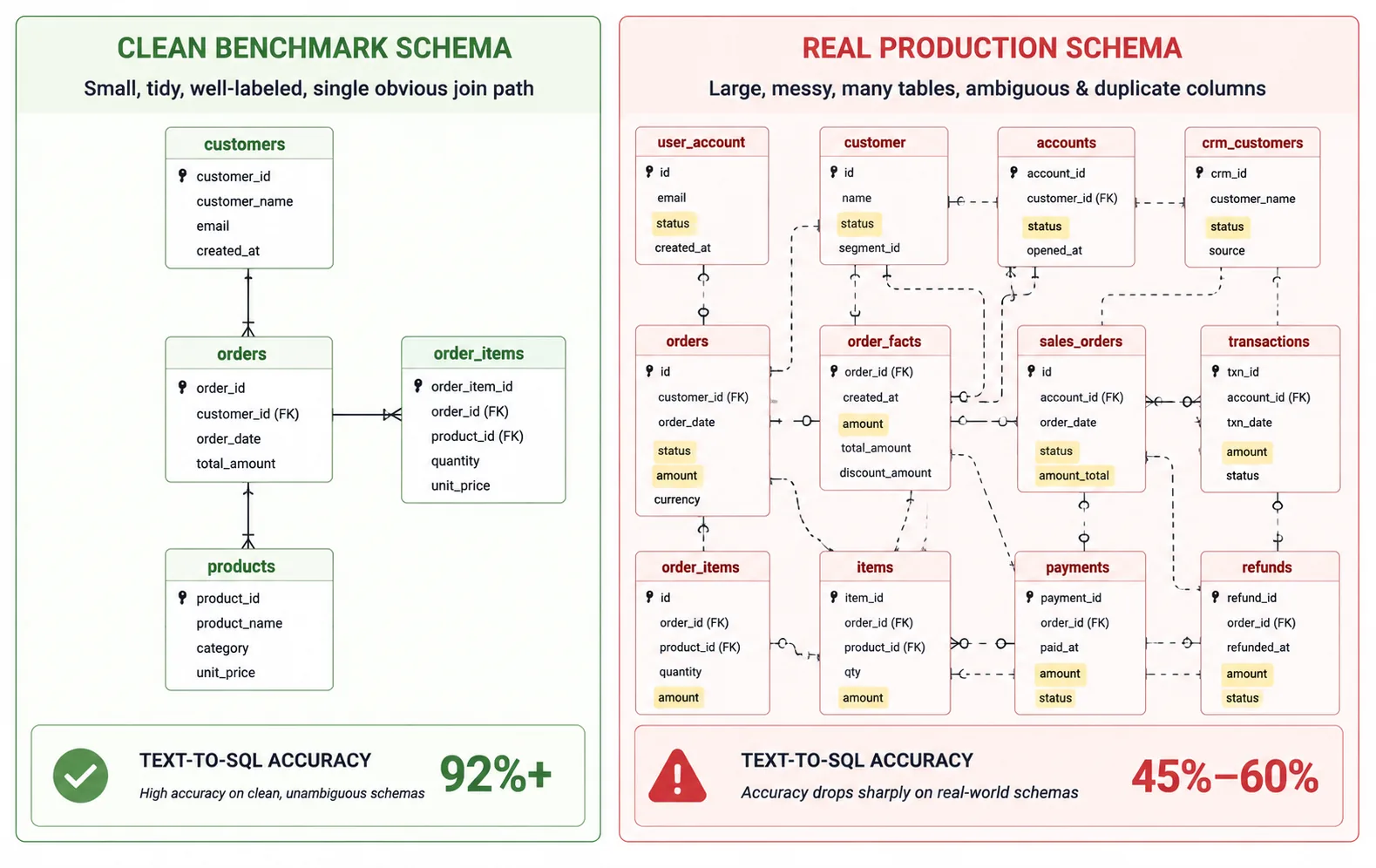 Comparison diagram showing why text-to-SQL accuracy looks high on clean benchmark schemas but drops sharply on messy, real production schemas