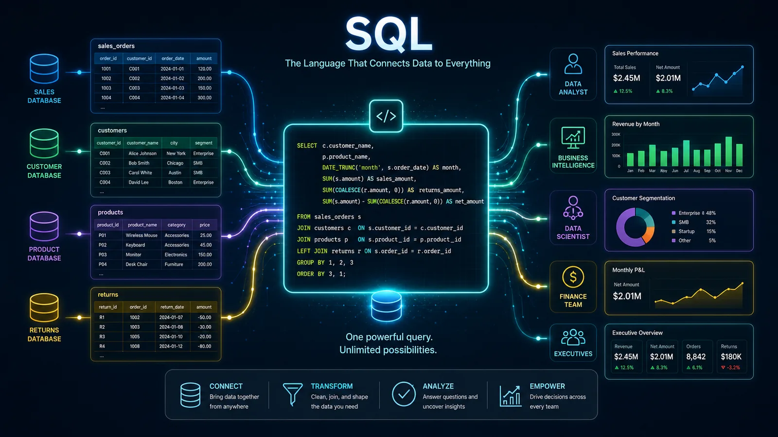 Illustration of a glowing SQL query at the center of a network, branching out into connected database tables, charts, and dashboards
