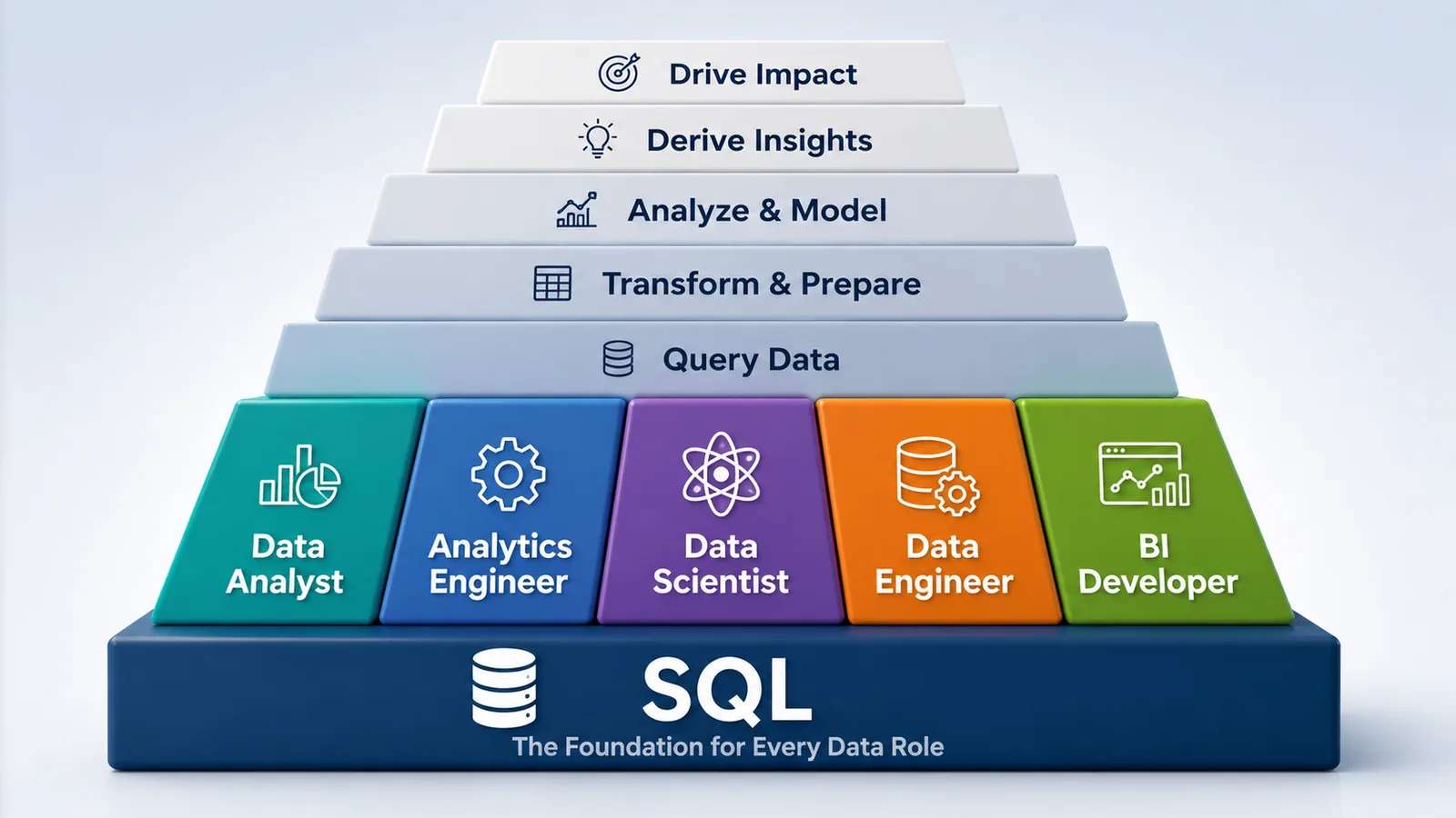Stack diagram showing SQL as the foundational layer beneath Data Analyst, Data Engineer, Data Scientist, Analytics Engineer, and BI Developer roles
