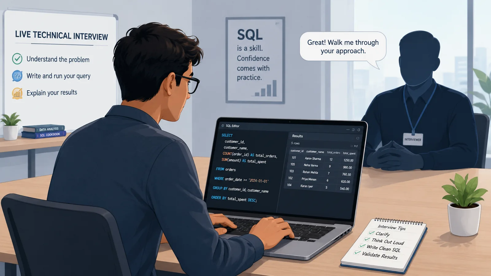 Illustration of a candidate writing a SQL query on a laptop during a live technical interview